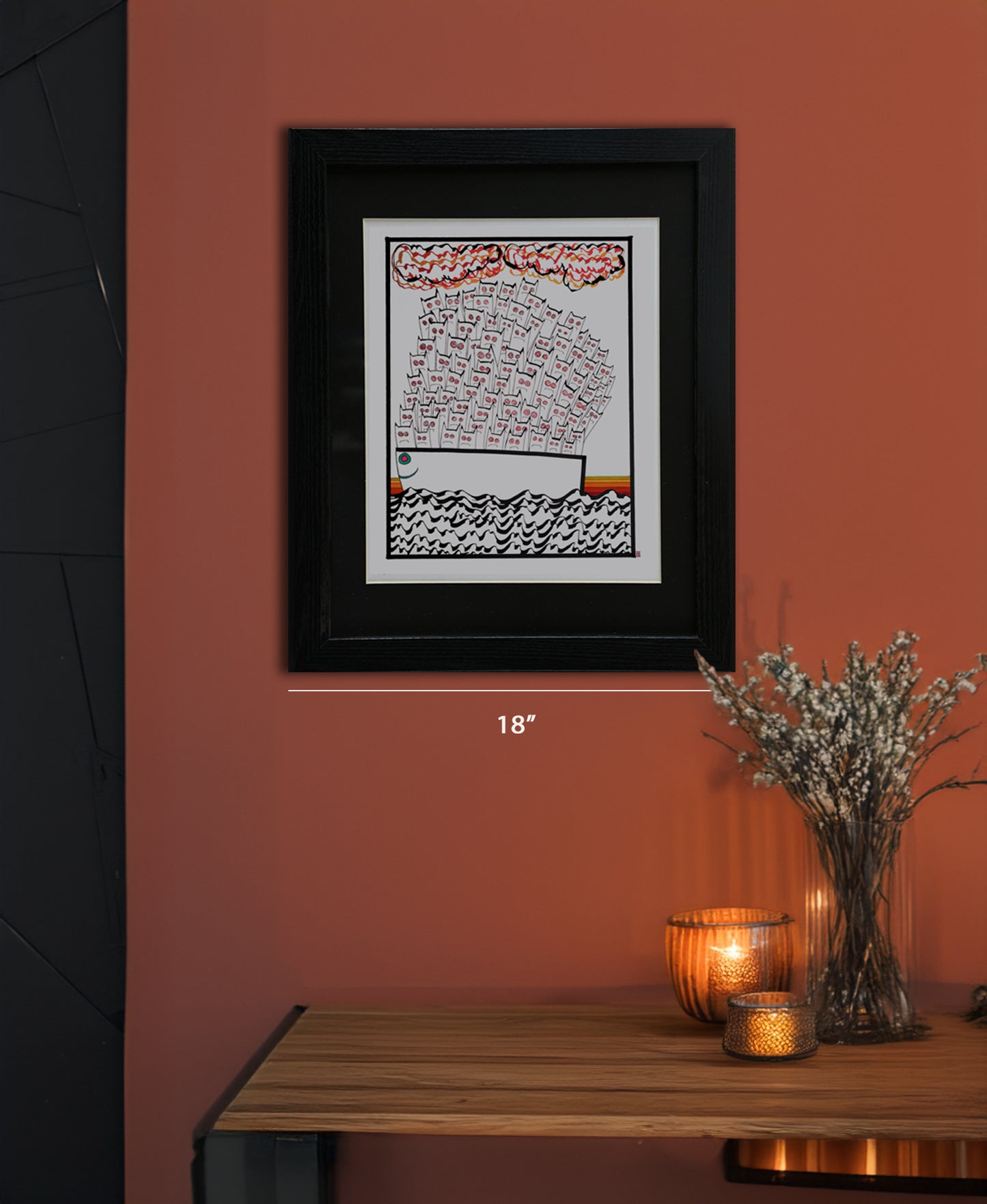 Original Drawing - Cats in a Boat - 18 x 24" Matted