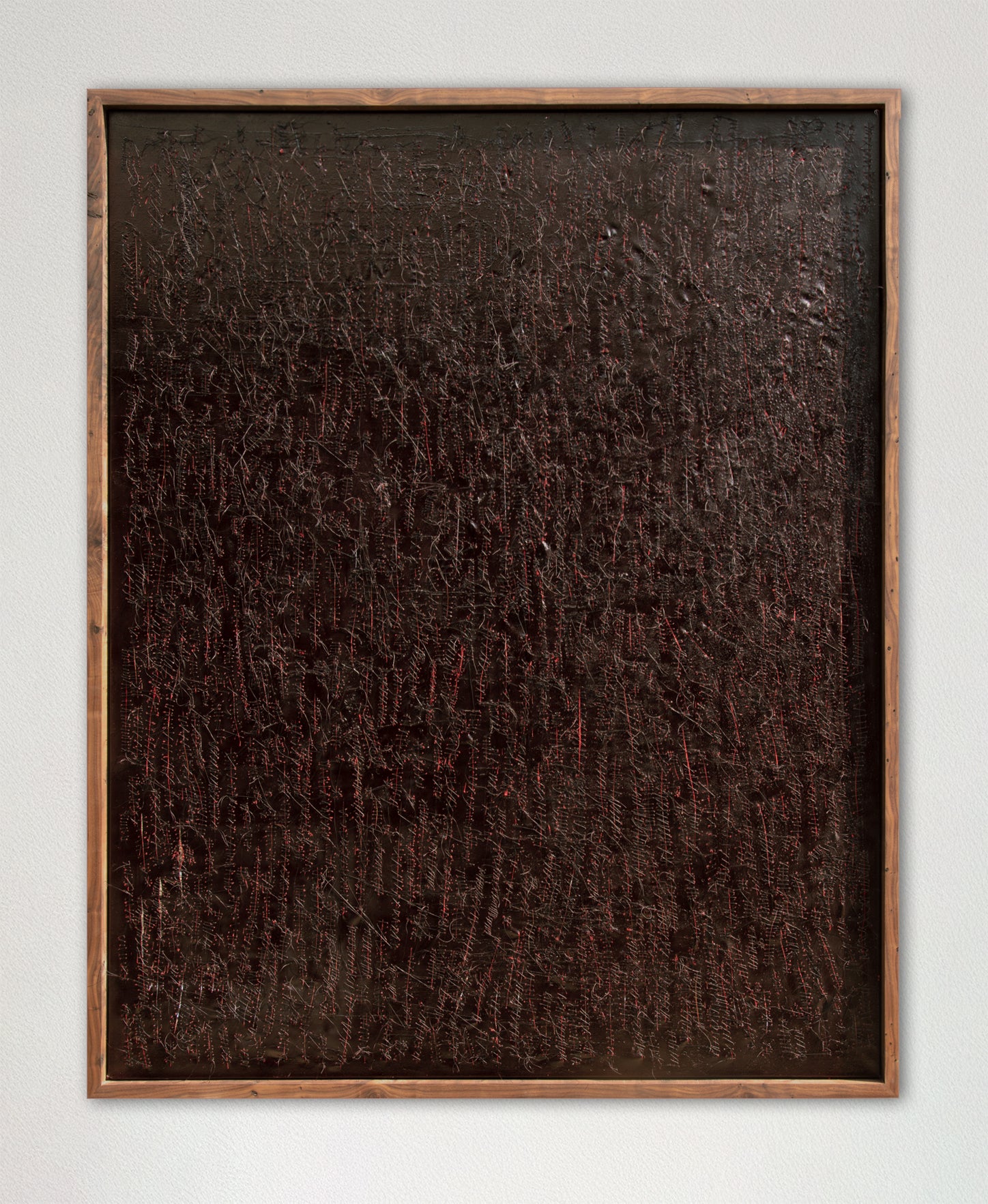 Ten Thousand Stitches, 2024. Mixed media stitched canvas with natural-oil frame