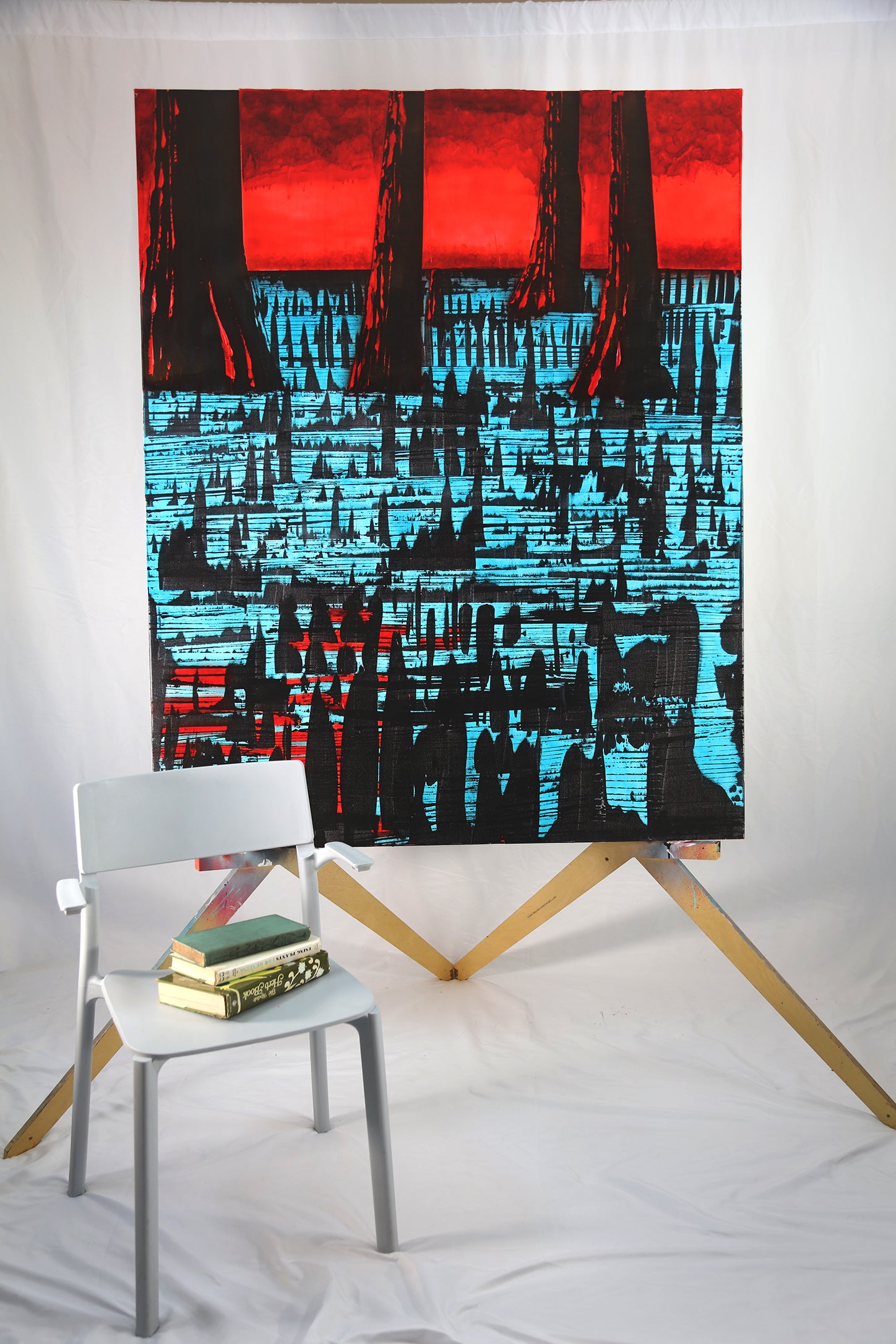 In studio - Sunset Cypress Bayou, 2024. Mixed media on canvas.