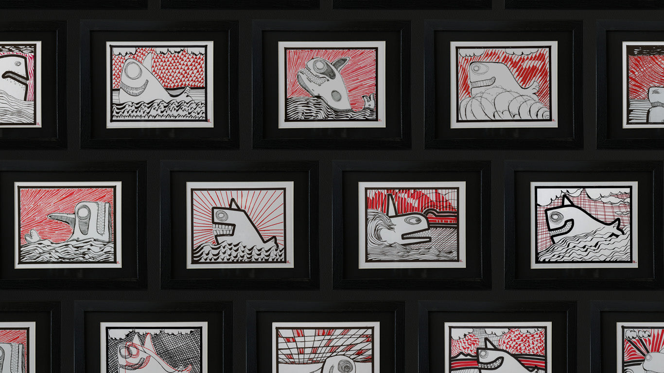 Gallery Wall of Hand-drawn Whales.  Pen & Ink on acid-free paper