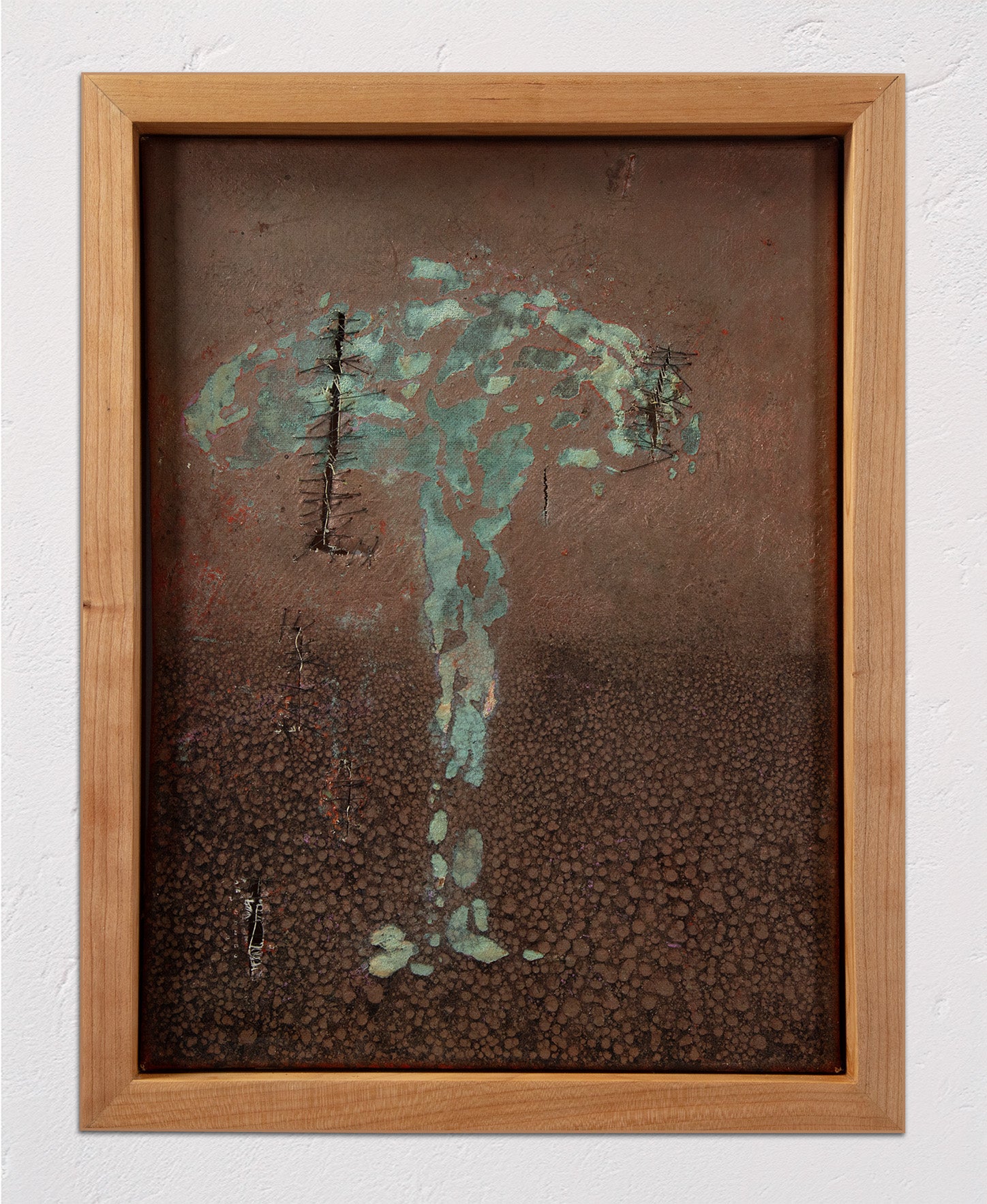 Atomic Tree No. 2 by Kuki, 2024. Mixed media on canvas - framed original mixed media artwork featuring a stylized tree with copper-colored branches and a brown textured background, housed in a wooden frame.