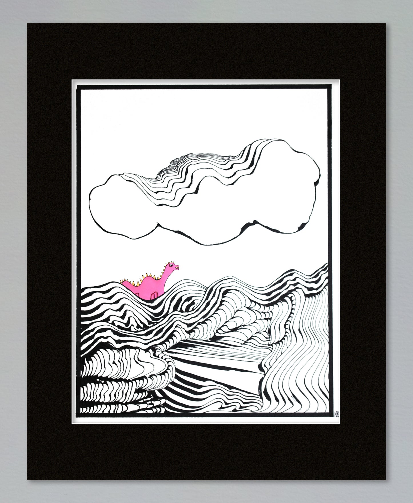 Original Drawing - Pink Dinosaur  - 18 x 24" Matted