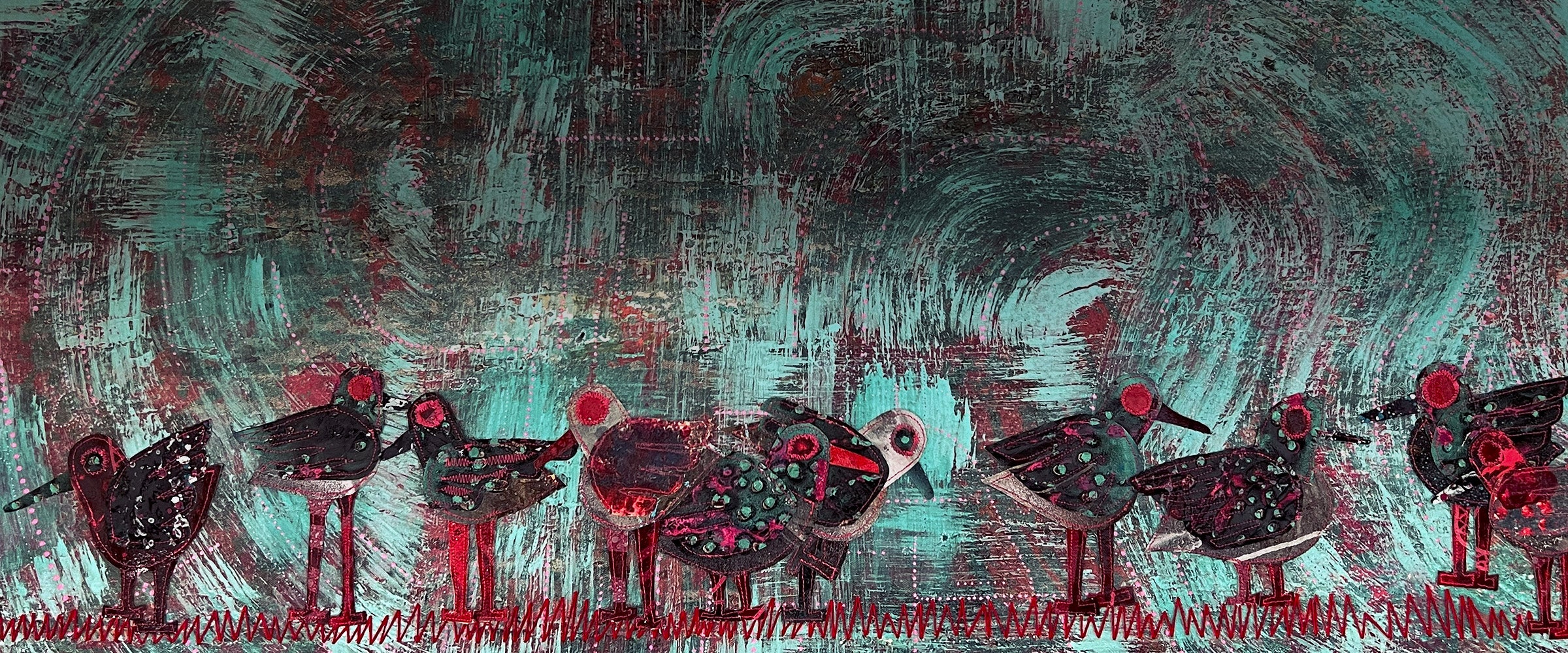 Close-up of mixed-media bird paintings with layered paint, thread, and reclaimed textures - artwork from the Small Birds microseries by Kuki Studios.