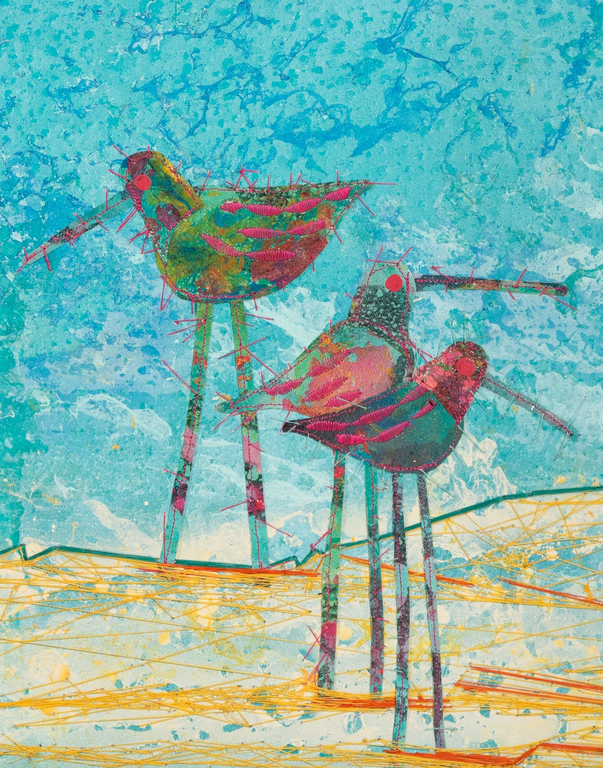 A colorful abstract painting of three long-legged birds standing on a sandy shore, with a textured turquoise blue background and yellow-orange scribbled ground, shown on a white canvas.