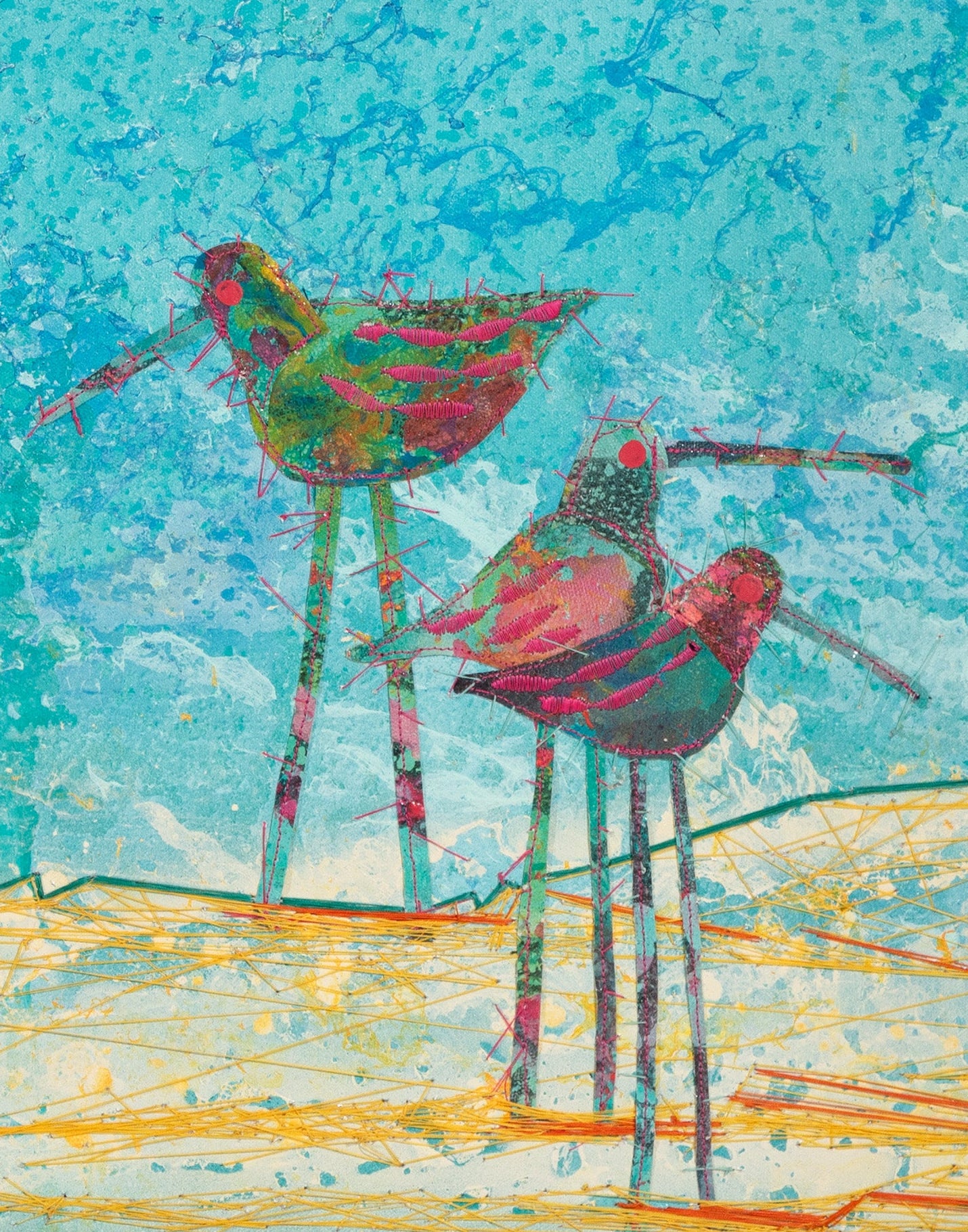 A colorful abstract painting of three long-legged birds standing on a sandy shore, with a textured turquoise blue background and yellow-orange scribbled ground, shown on a white canvas.