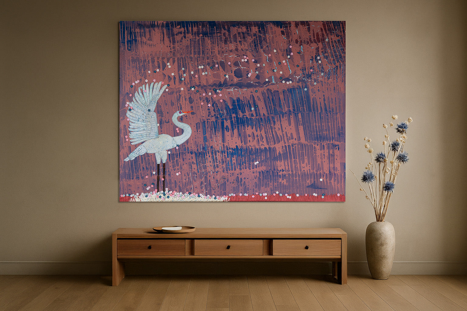 Room interior with a large abstract painting, wooden bench, and vase with flowers on a beige wall.
