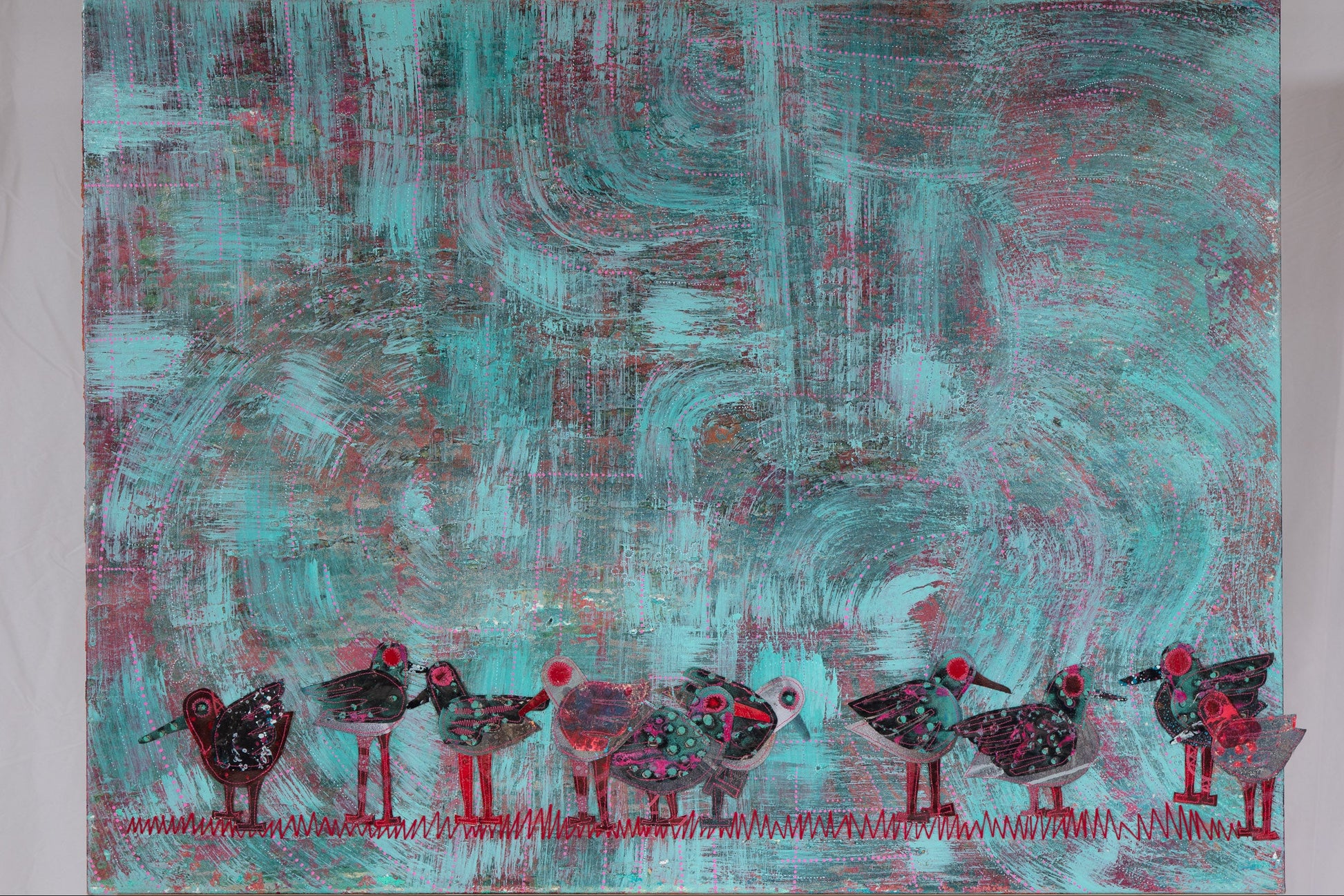 Abstract painting with wavy teal and red patterns and small hand sewn birds standing in a row at the bottom 