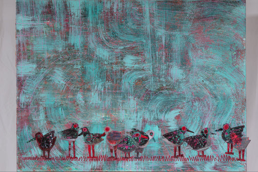 Abstract painting with wavy teal and red patterns and small hand sewn birds standing in a row at the bottom 