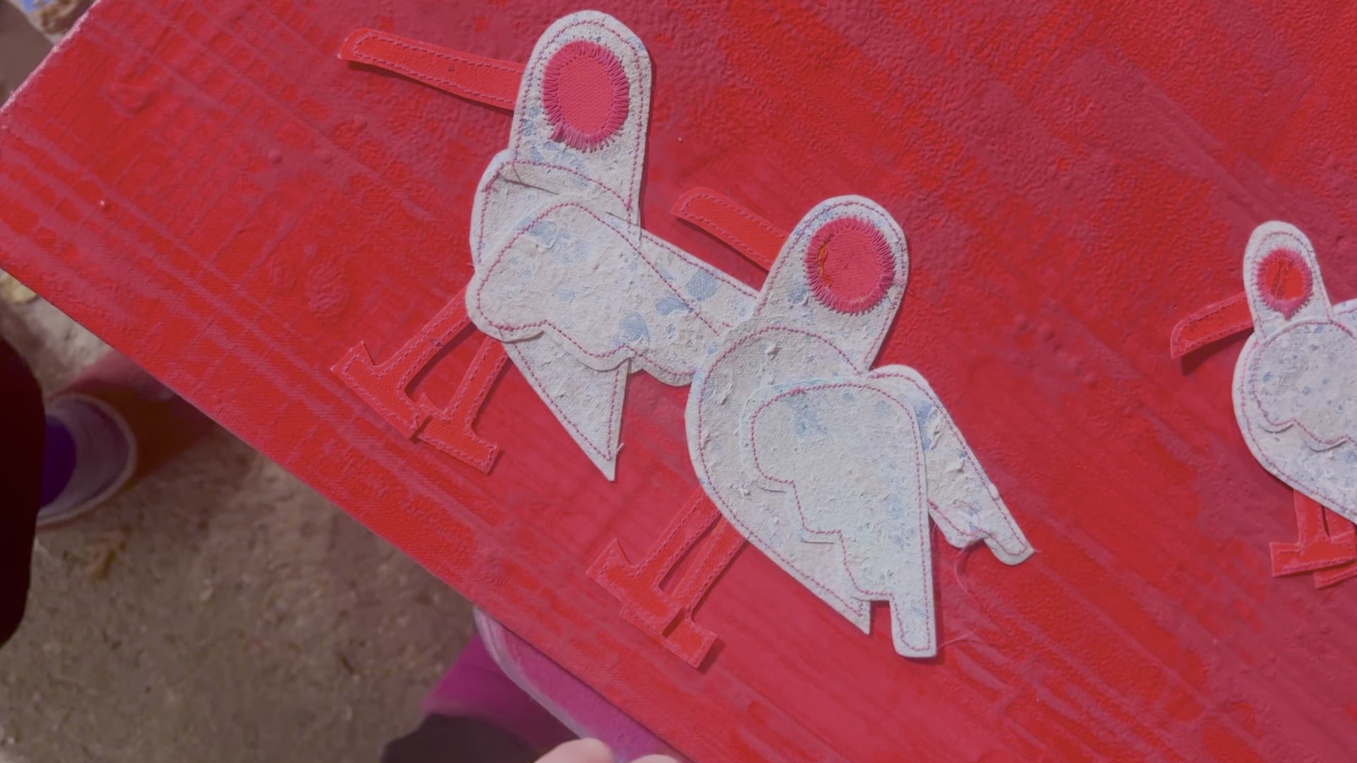 Load video: Video of mixed media stitched work in progress - a piece from Kuki&#39;s upcoming Bird Drop